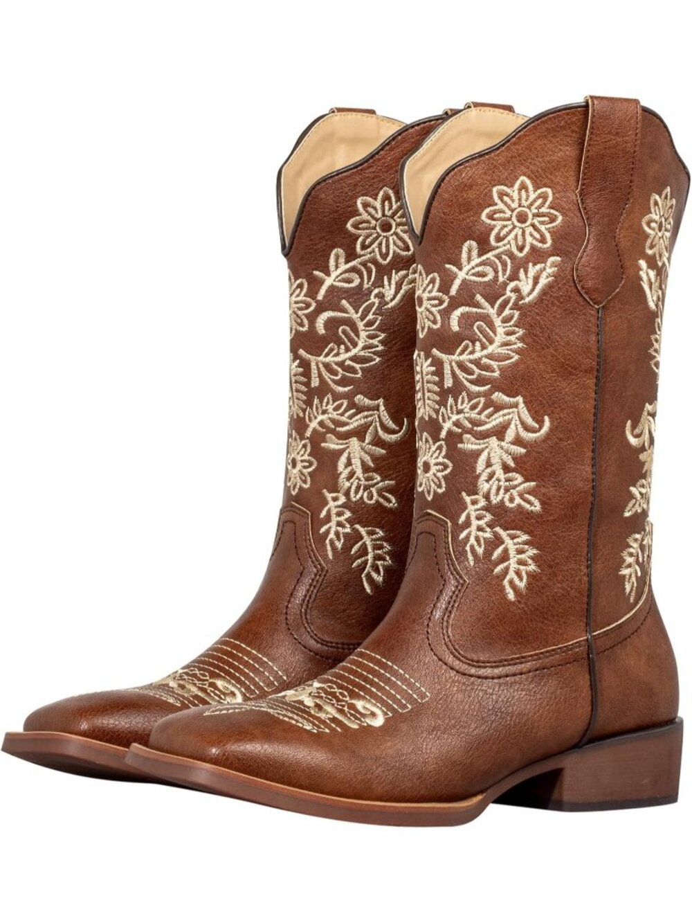 Women's Distressed Brown V-Cut Mid-Calf Rhinestone Square Toe Cowgirl Boots